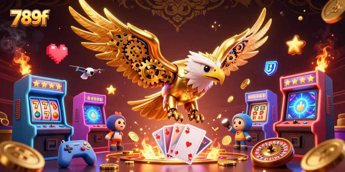 Experience thrilling gameplay at 789f with a golden eagle soaring over holographic cards.