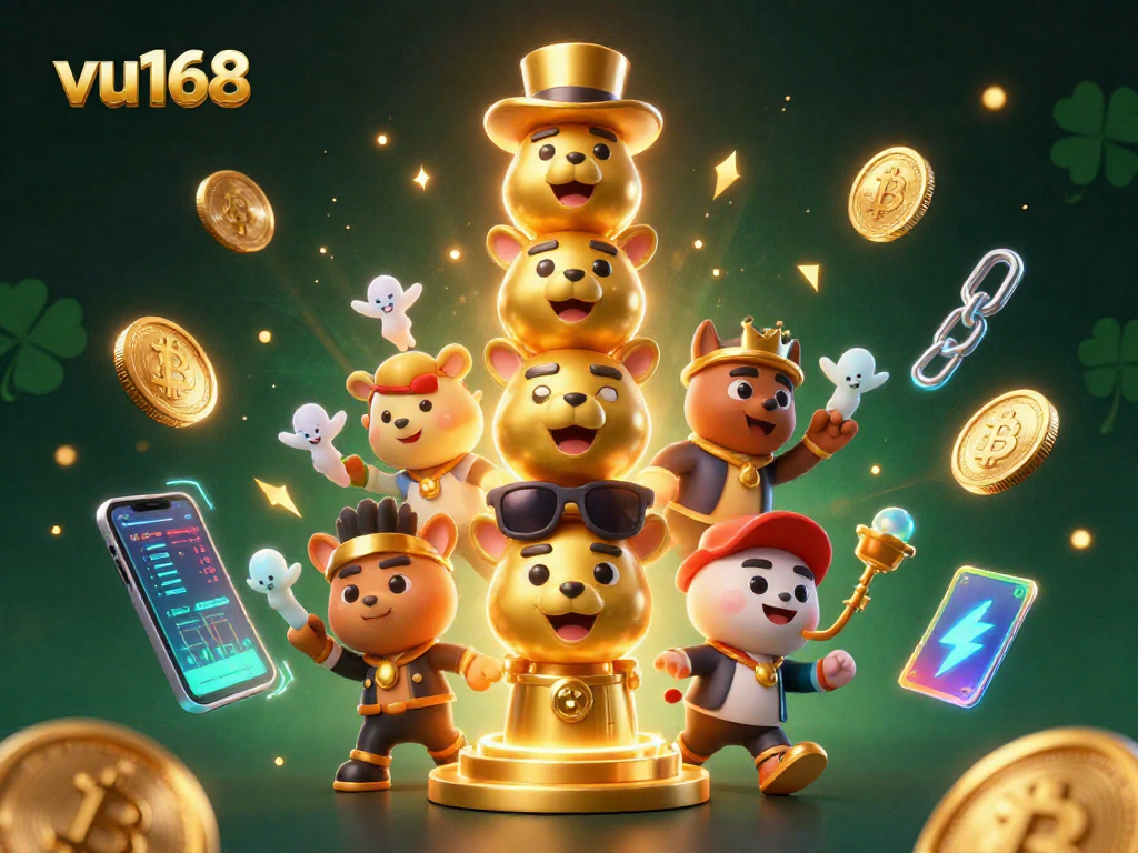 Engage with vu168’s powerful casino experience, highlighted by vibrant 3D characters and glowing crypto elements.