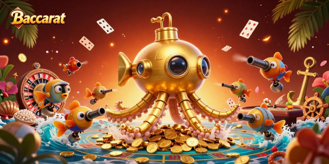 Baccarat-themed 3D illustration with a golden kraken, coins, playing cards, and a baccarat table.