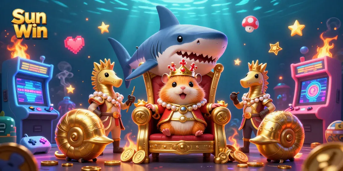 Engage in dynamic gaming at Sun Win, where a golden hamster king and seahorse guards reign over vibrant arcade delights.