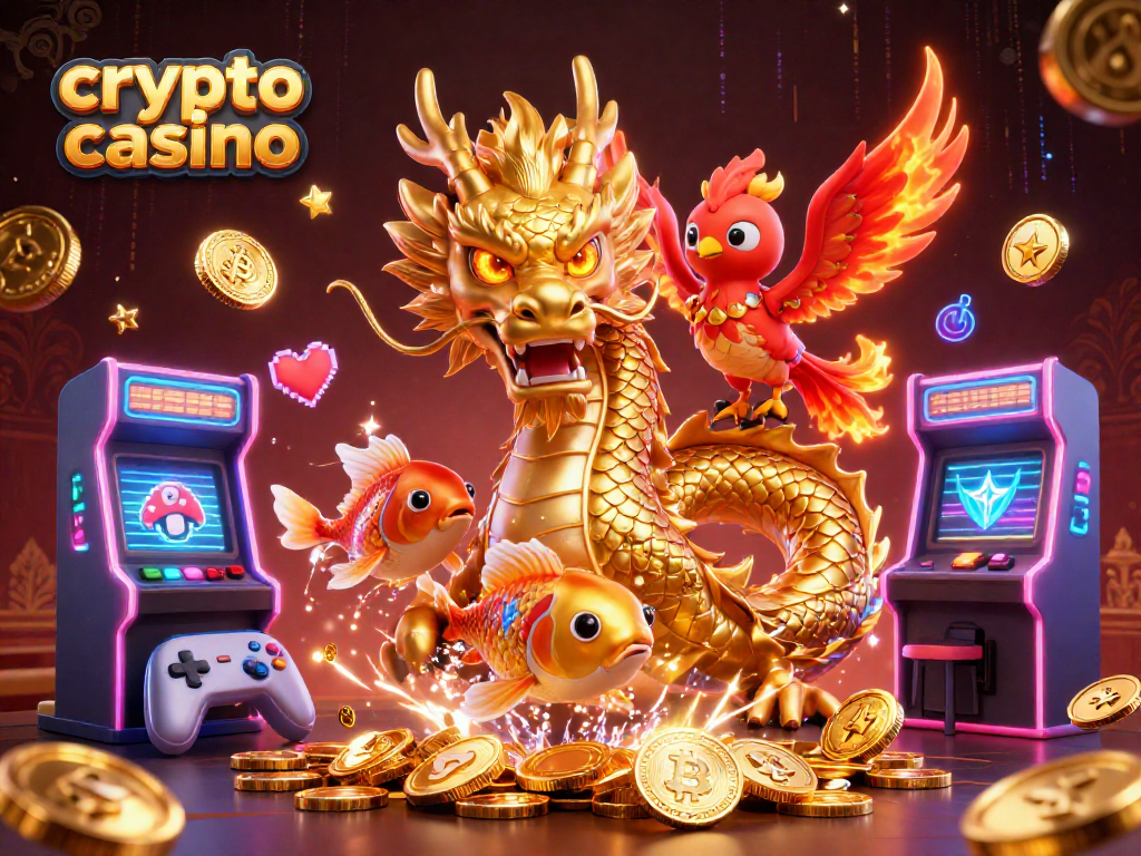 Engage in a crypto casino experience with a vibrant illustration of a dragon, phoenix, and koi fish amidst glowing game elements.