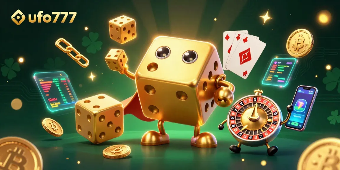 ufo777 shows a vibrant 3D illustration of a golden dice golem and crypto coins in a lively casino scene.