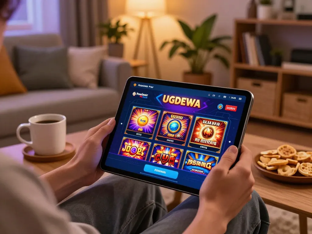 Experience the thrill of playing slots on UGDEWA in a cozy gaming setup at home.
