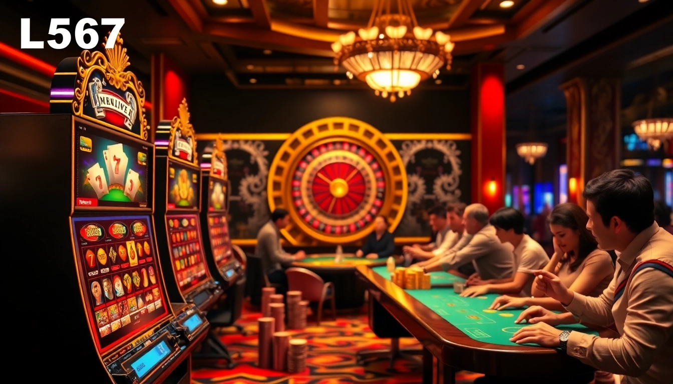 L567 online casino scene with players at slot machines and roulette tables.