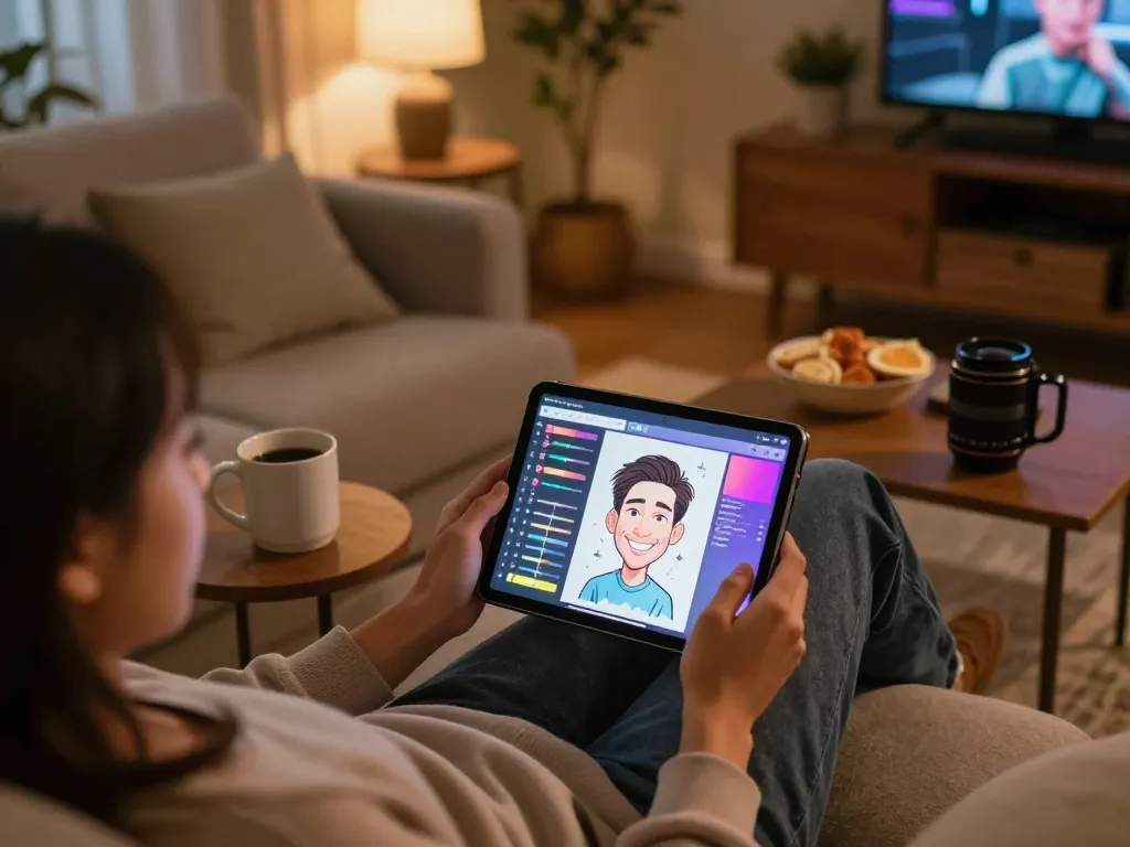 Creating a ChatGPT caricature using a tablet in a cozy online gaming setup