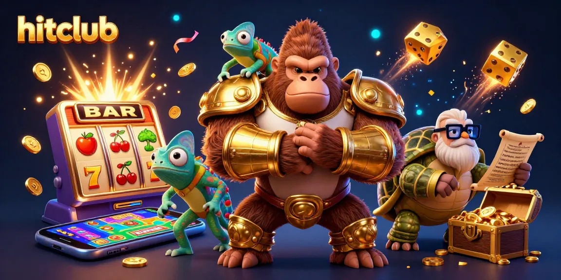 Join hitclub for thrilling casino adventures with a vibrant illustration of a powerful gorilla and enticing slot machines.