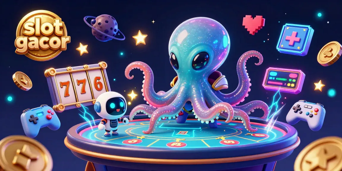 Experience the thrill of slot gacor with alien octopus at a holographic poker table amidst exciting casino elements.