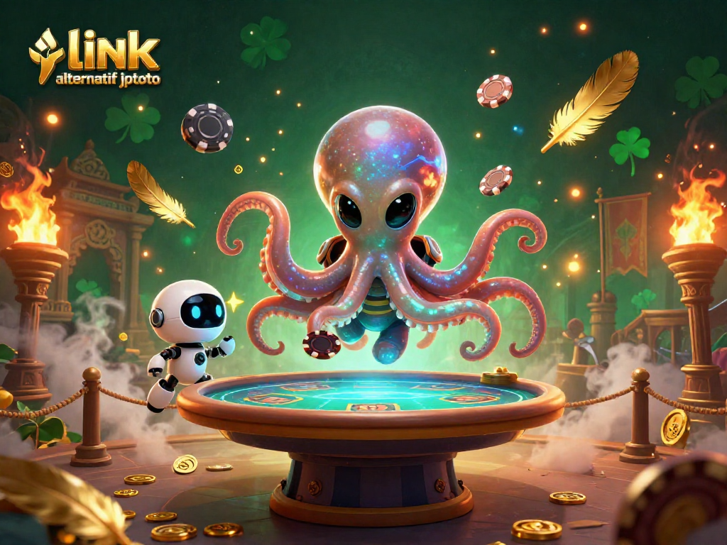 Engage with link alternatif jptoto in a cosmic poker showdown featuring a vibrant alien octopus.