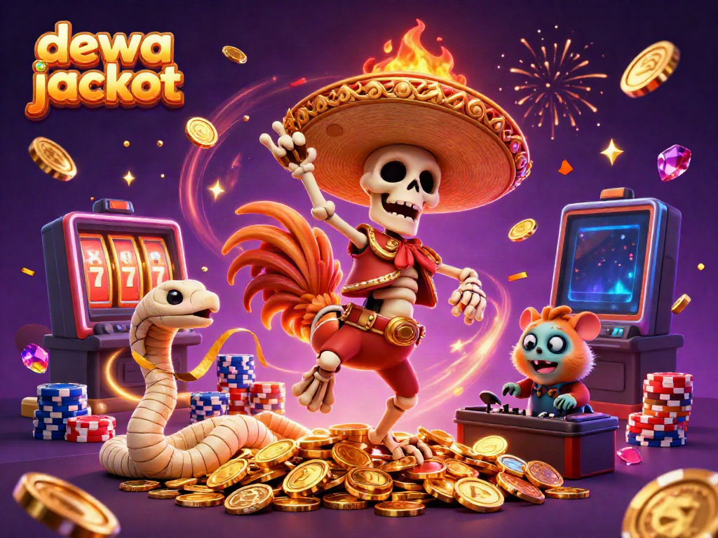 Menyenangkan bermain di dewa jackpot dengan karakter ceria dan elemen kasino yang berkilau.