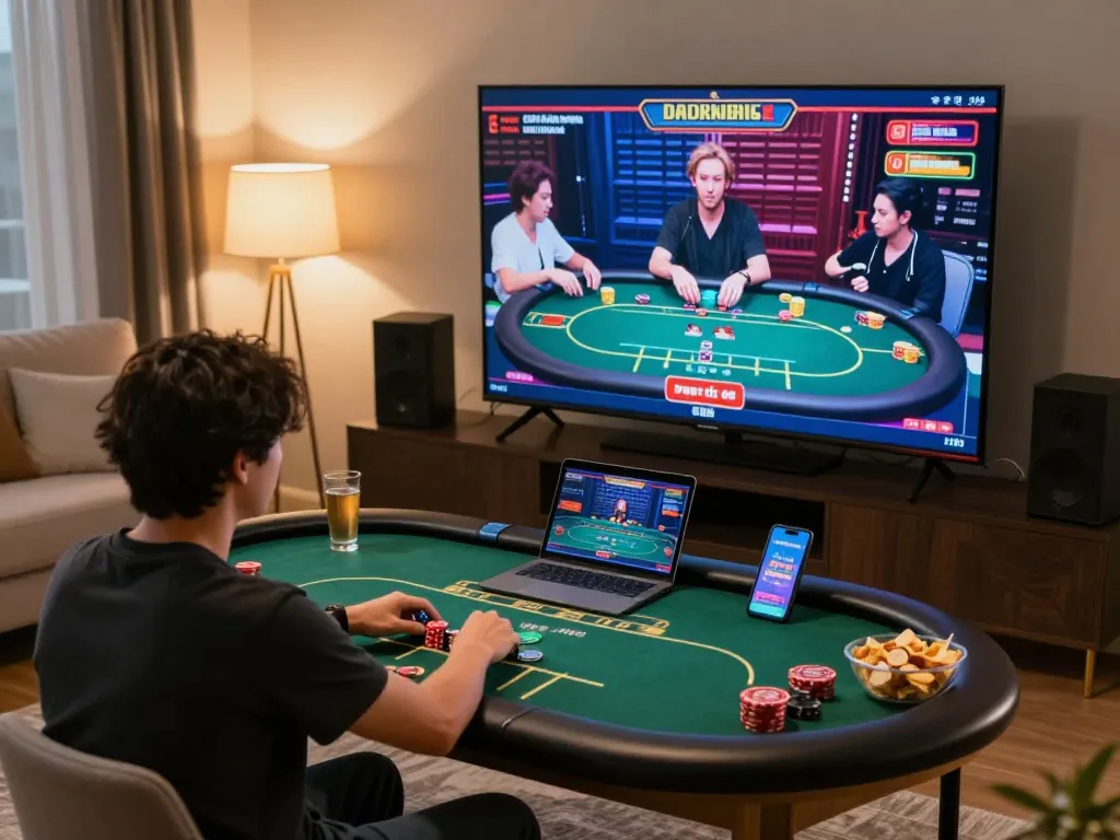 Engaging in ดูหนังออนไลน์ฟรี while enjoying online poker gameplay in a cozy home setting.