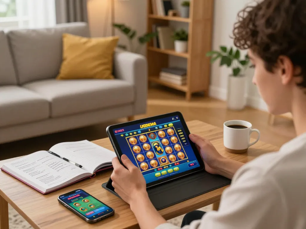 Player engaged with UGDEWA slot game on tablet in a cozy home setting, showcasing responsible gaming.