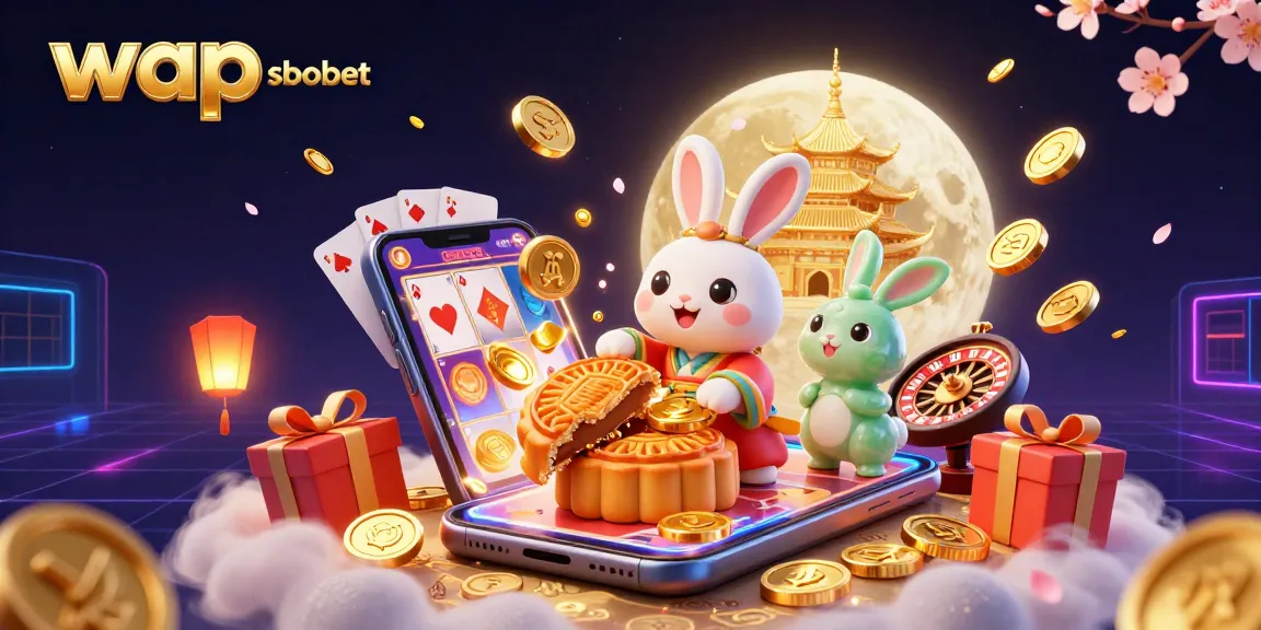 Engage in thrilling wins with wap sbobet as the moon rabbit reveals poker chips in a vibrant 3D casino scene.