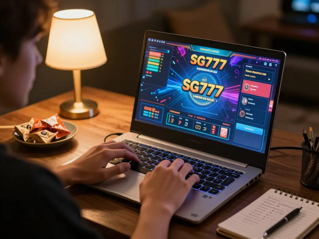 Engaged player enjoying SG777's online casino experience on a laptop with immersive visuals.
