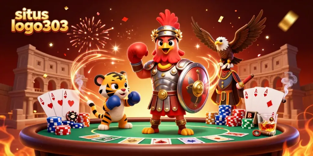 Merayakan kemenangan dengan situs logo303, seekor ayam jantan spiritual gladiator bertarung di arena perjudian yang penuh warna.