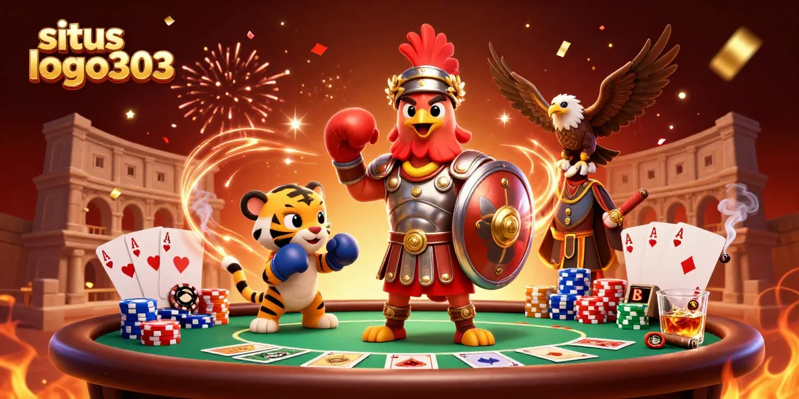 Merayakan kemenangan dengan situs logo303, seekor ayam jantan spiritual gladiator bertarung di arena perjudian yang penuh warna.