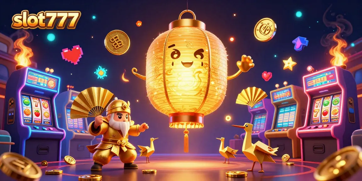 Experience slot777 excitement with a vibrant 3D illustration of a golden lantern spirit and casino elements.