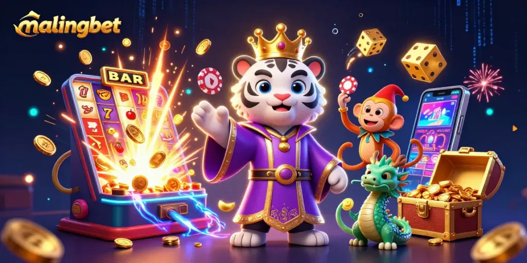 Malingbet menghadirkan harimau elegan dan monyet emas dalam ilustrasi kasino 3D penuh aksi.