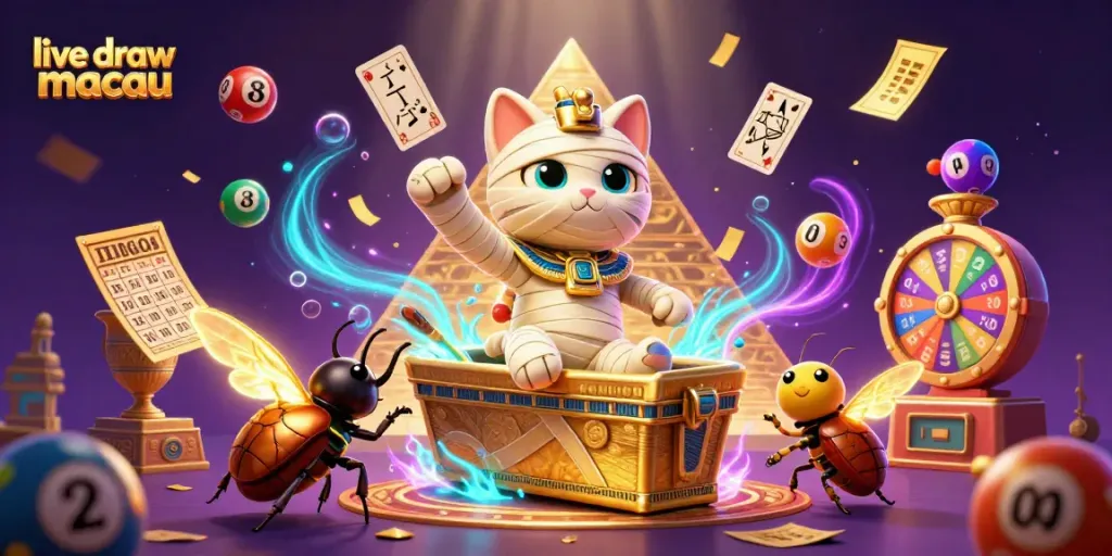Menyaksikan live draw macau dengan kucing mummy 3D dan elemen lotere berwarna-warni.