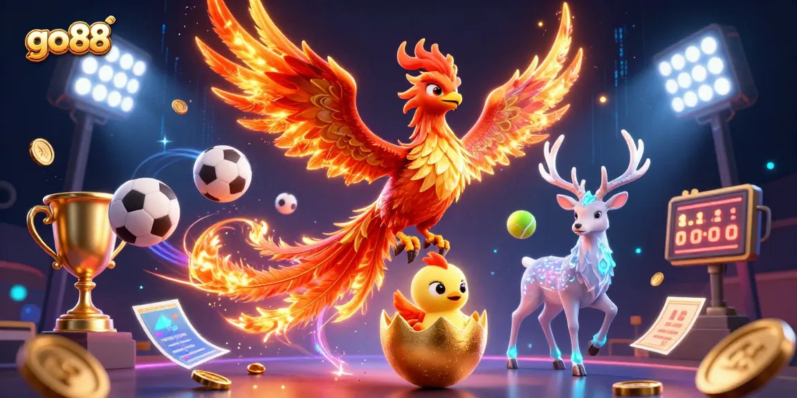 Experience exciting gaming action with go88, featuring a vibrant phoenix and dynamic gambling elements.