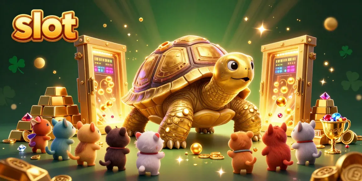Experience the excitement of slot games with a vibrant 3D illustration featuring dynamic characters and treasure elements.