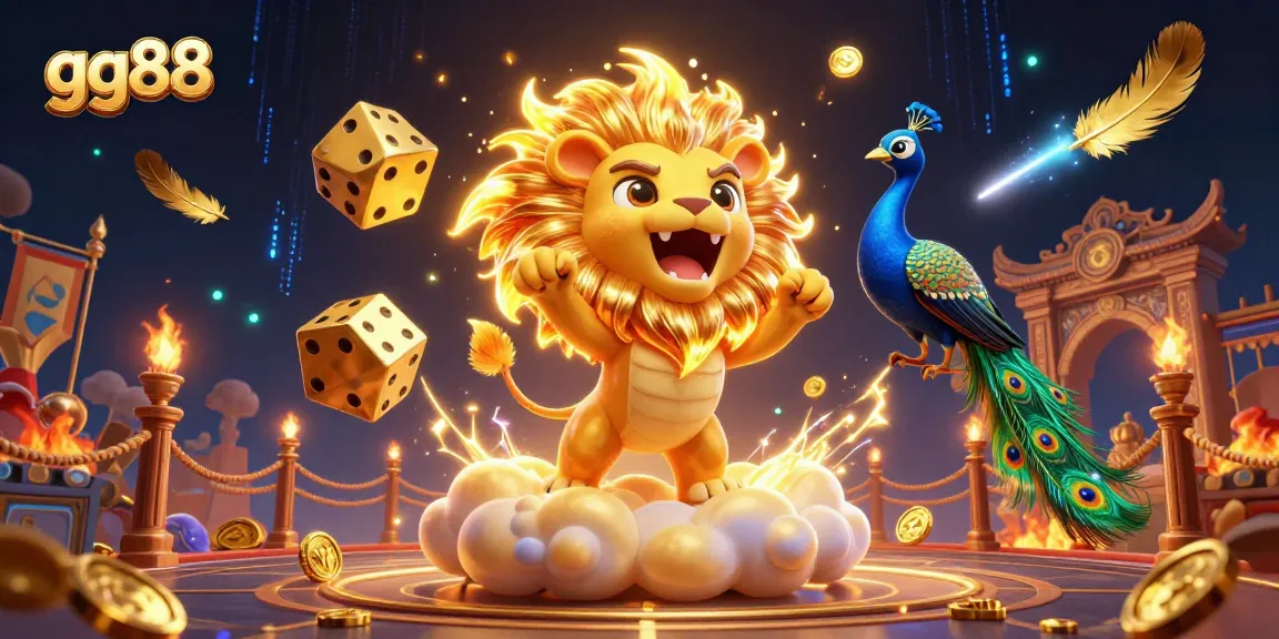 Play exciting casino games and win with gg88's dynamic 3D illustration showcasing vibrant elements and roaring luck.