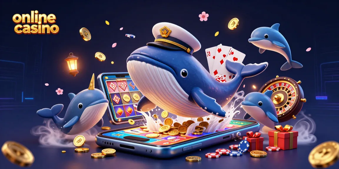 Engage in the vibrant world of online casino games with a whale and playful dolphins surrounded by coins and slot games.