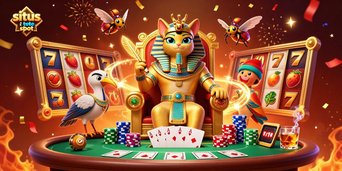 Experience exhilarating situs toto slot action with an Egyptian pharaoh cat amidst vibrant gambling elements.