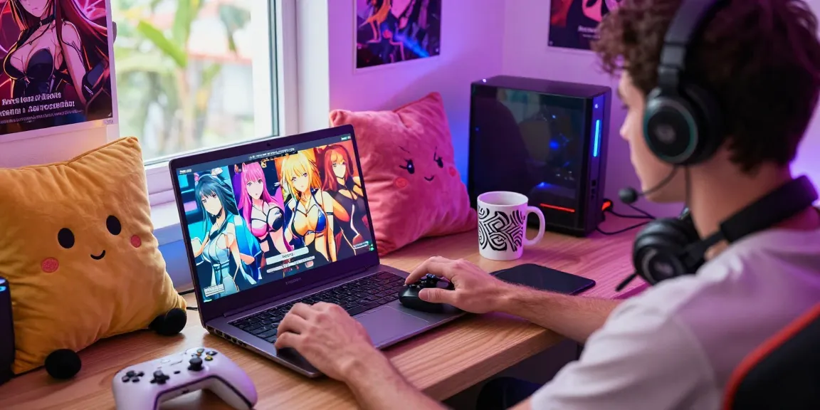 Player enjoying an interactive ecchi game in a cozy gaming nook with vibrant anime artwork.