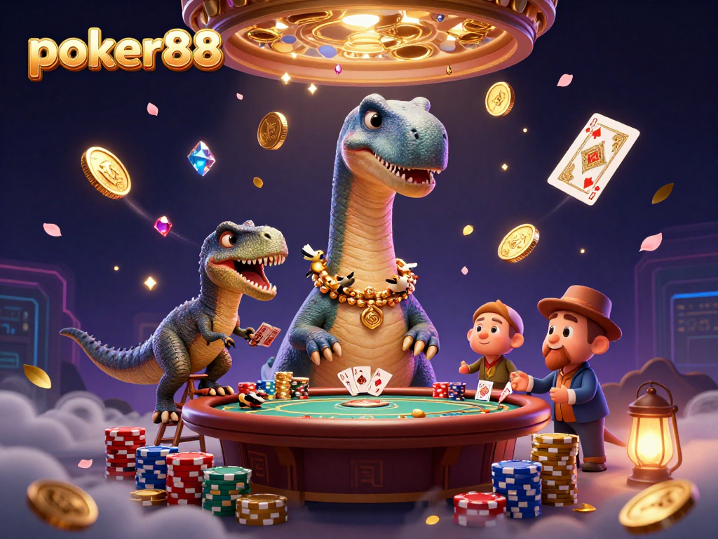 Gambarkan Poker88 dengan dinosaurlong brontosaurus tinggi di kasino, raptor cerdik membagikan kartu.