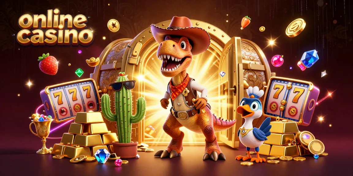 Engaging online casino scene featuring a cowboy dinosaur, cactus sidekick, and roadrunner among slot game elements.