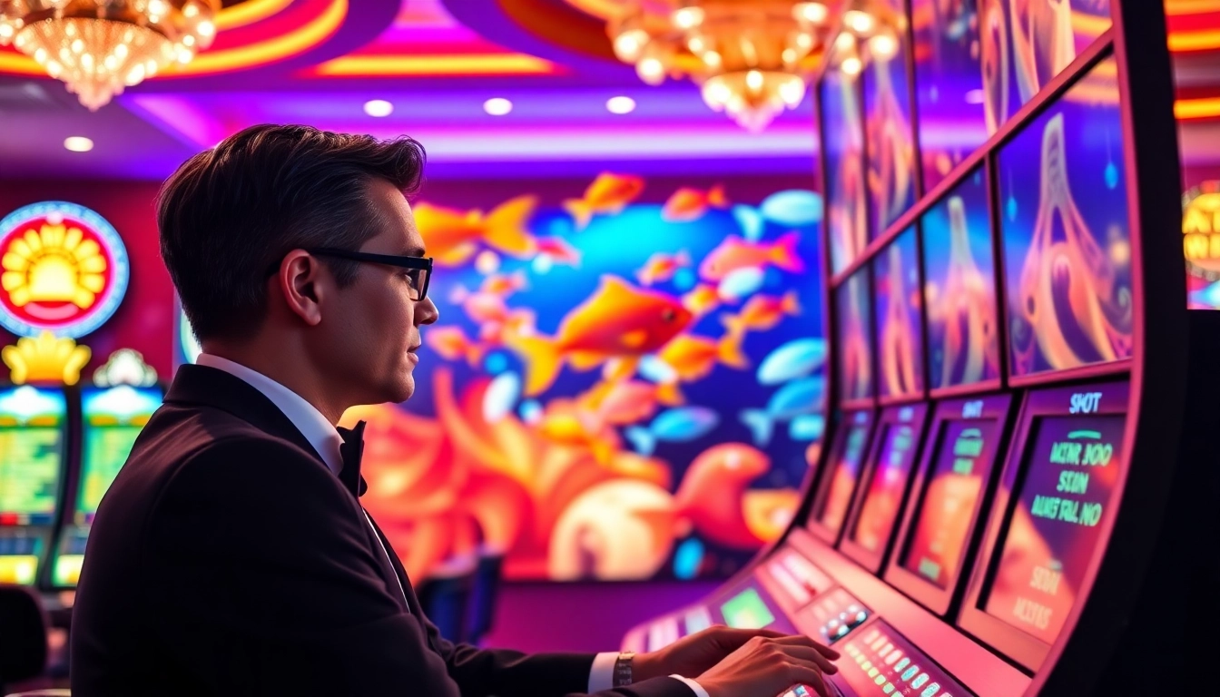 Cách bắn cá luôn thắng strategies in a vibrant casino scene with high-stakes excitement.