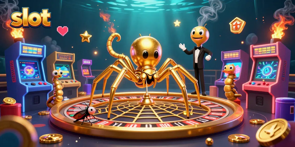 Mainkan slot di kasino virtual dengan ilustrasi laba-laba emas dan dealer sentipede.