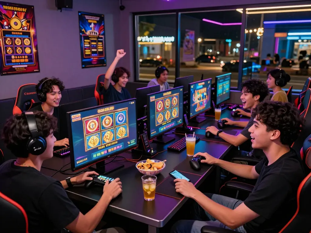 Exciting gaming scene featuring friends enjoying slot gacor hari ini in a lively lounge with neon lights.