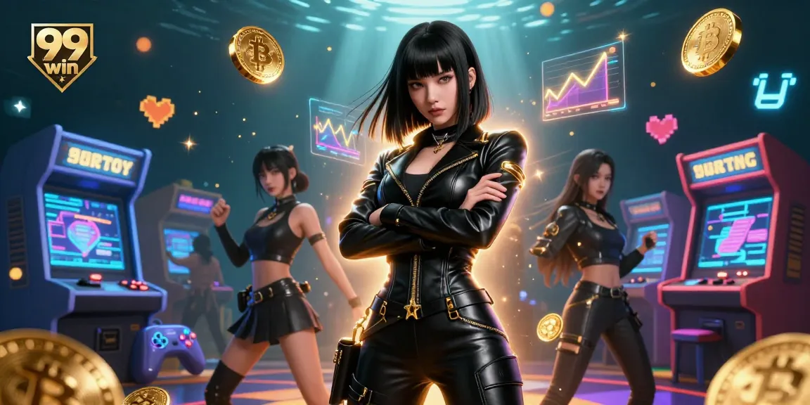 Engage with 99 win at a digital casino with an Asian woman in a sleek outfit amidst vibrant gaming elements.