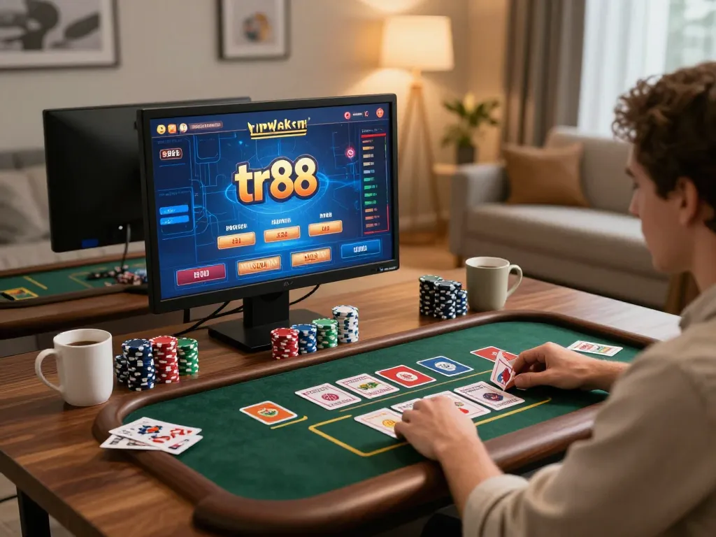 Playing tr88 game on desktop with chips and cards, inviting casual atmosphere