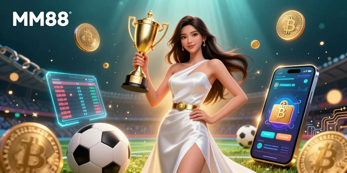 Experience the winning excitement at MM88, showcasing a glamorous Asian woman celebrating in a vibrant sports betting scene.