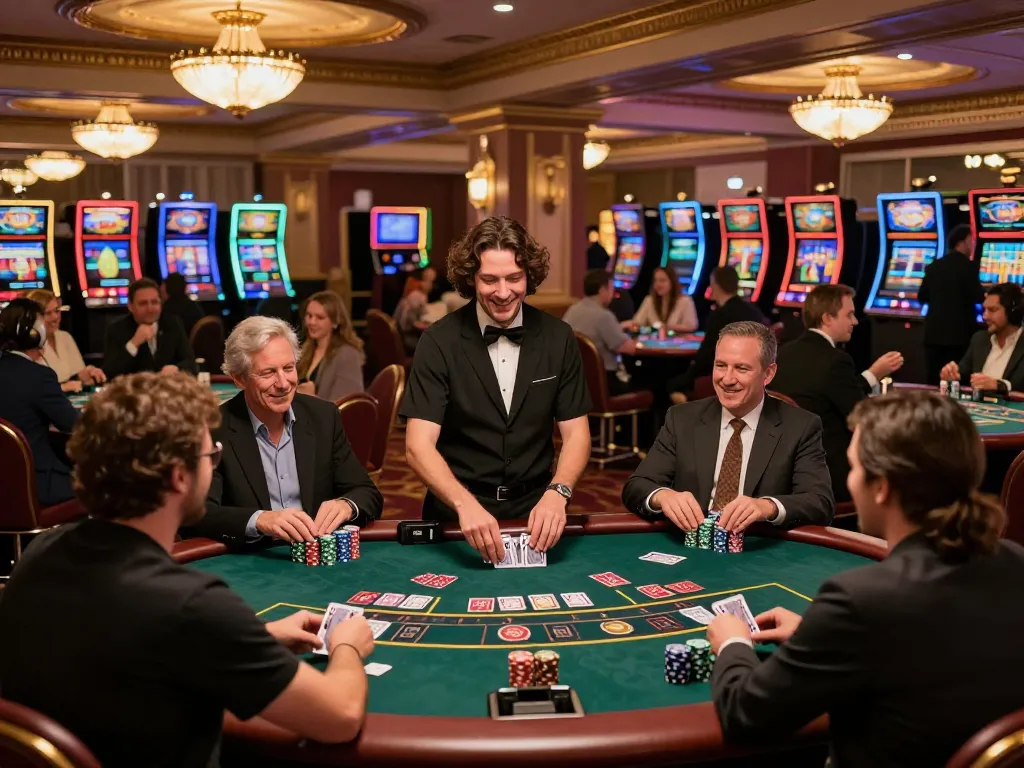 Players enjoying a strategic blackjack game at LGOLUX casino, vibrant atmosphere and colorful chips visible.