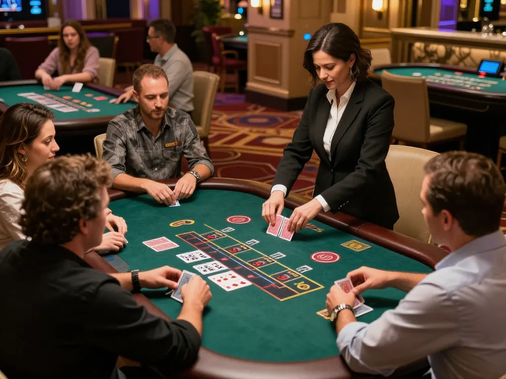 Players strategizing at an mb88 blackjack table illuminated by warm casino lighting.