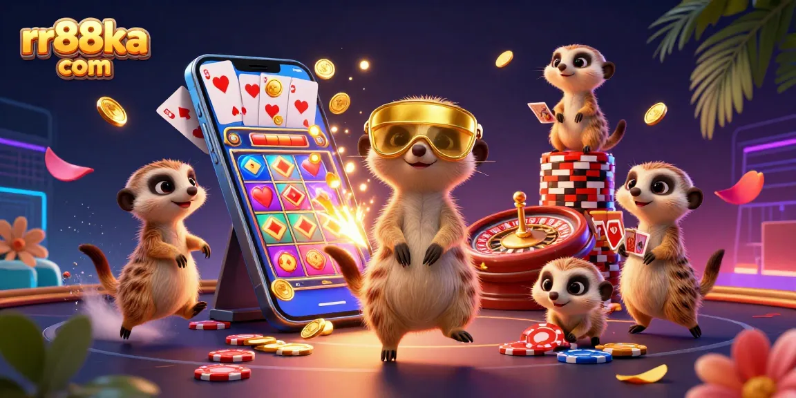Join the excitement at rr88ka com's vibrant 3D casino with playful meerkats and colorful slot games.