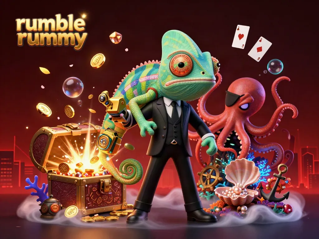Engage in rumble rummy with an action-packed scene of characters and bonuses.
