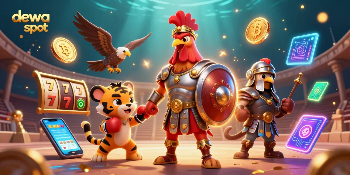 Permainan dewa slot dengan ayam gladiator dan pemandangan uang kripto yang menyenangkan.