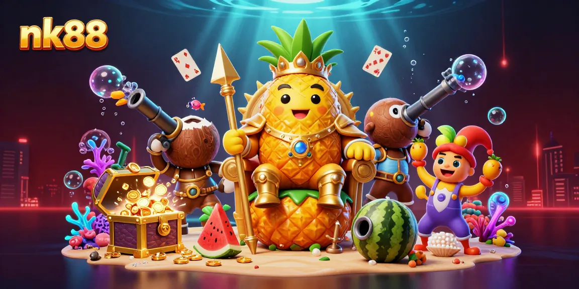 Experience thrilling gameplay with nk88 at a vibrant beach casino scene featuring unique cartoon characters.