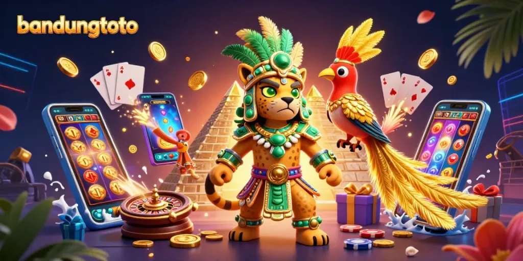 Experience the excitement of bandungtoto with a dynamic casino scene featuring colorful slot games and vibrant game elements.