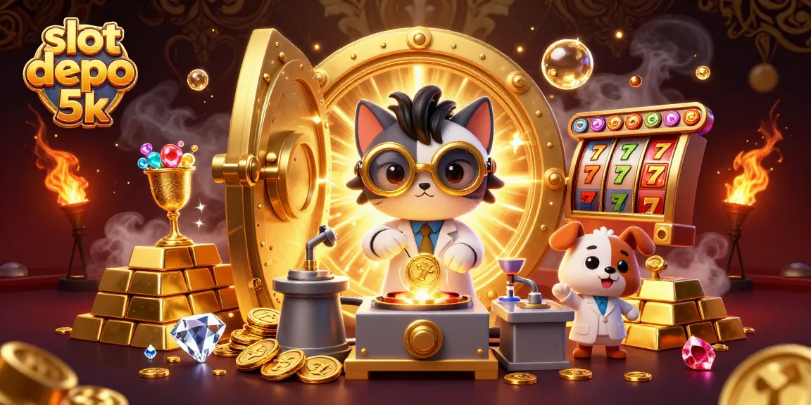 Slot depo 5k dengan kucing ilmuwan membuat mesin duplikasi koin emas di lab megah.