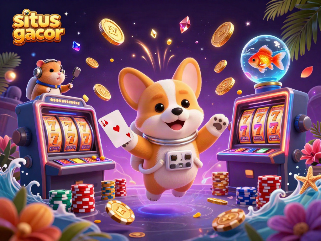 Experience thrilling gameplay in this illustrated scene of situs slot gacor featuring a 3D corgi in space.