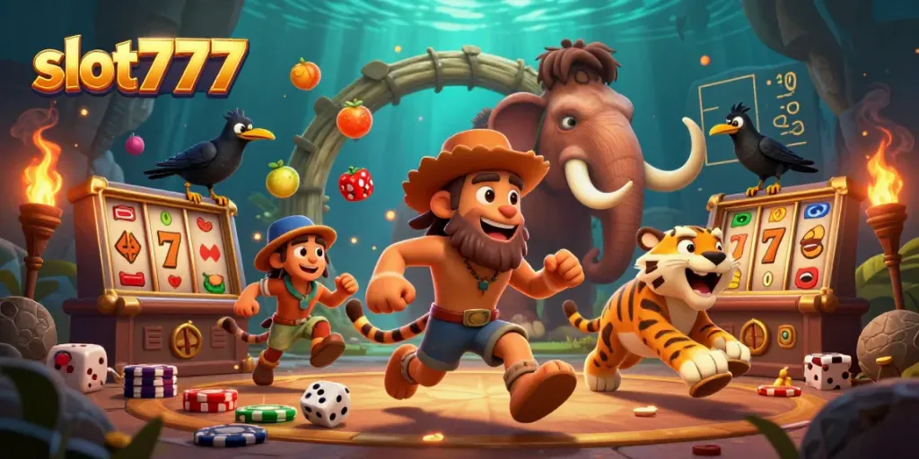 Menggoda pemain dengan slot777, ilustrasi kasino prasejarah dua karakter menarik.