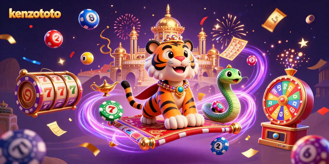 Kenzototo slots experience vibrant action with 3D tiger sultan on a magic carpet amidst colorful gambling elements.