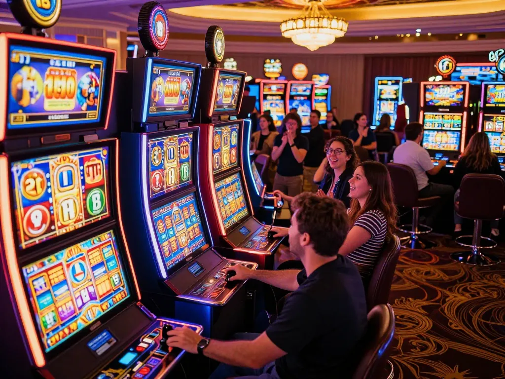 Players enjoying cm888 themed slot machines in a vibrant casino environment