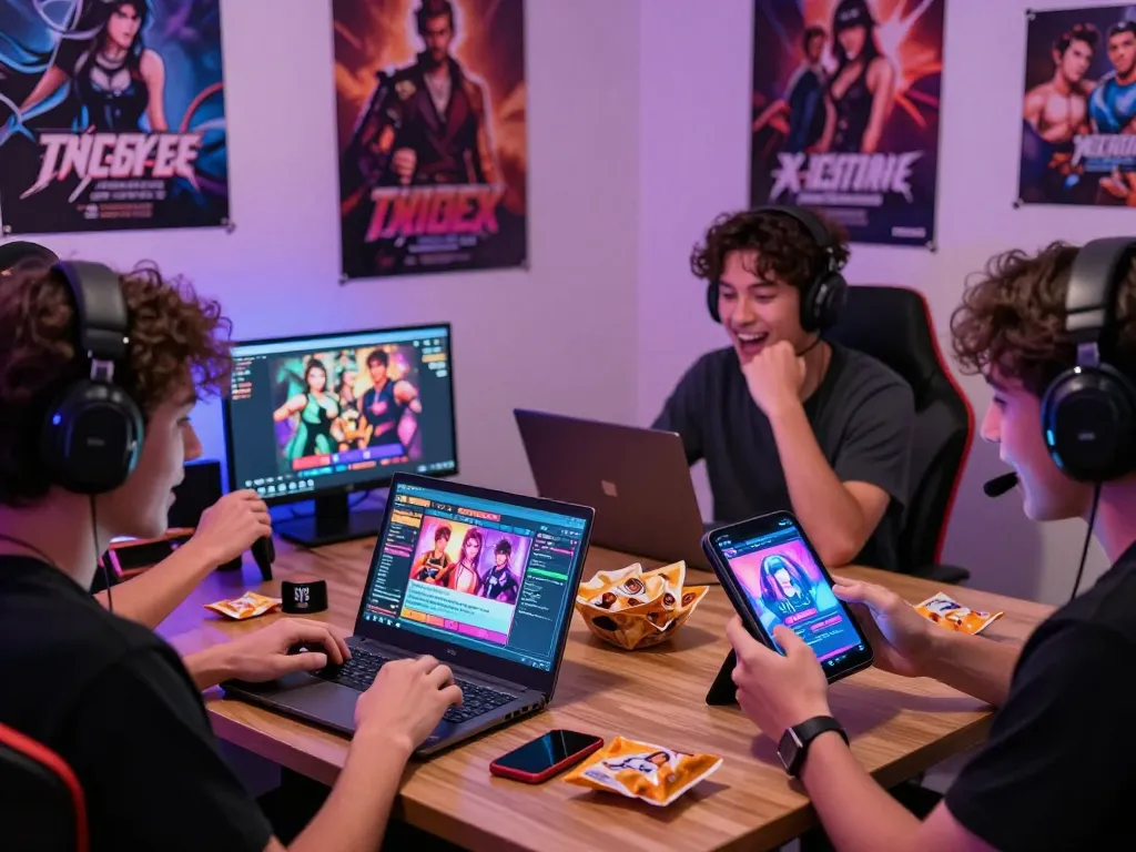 Group of gamers immersed in porngames on laptops, tablets, and smartphones in a colorful, vibrant setting.