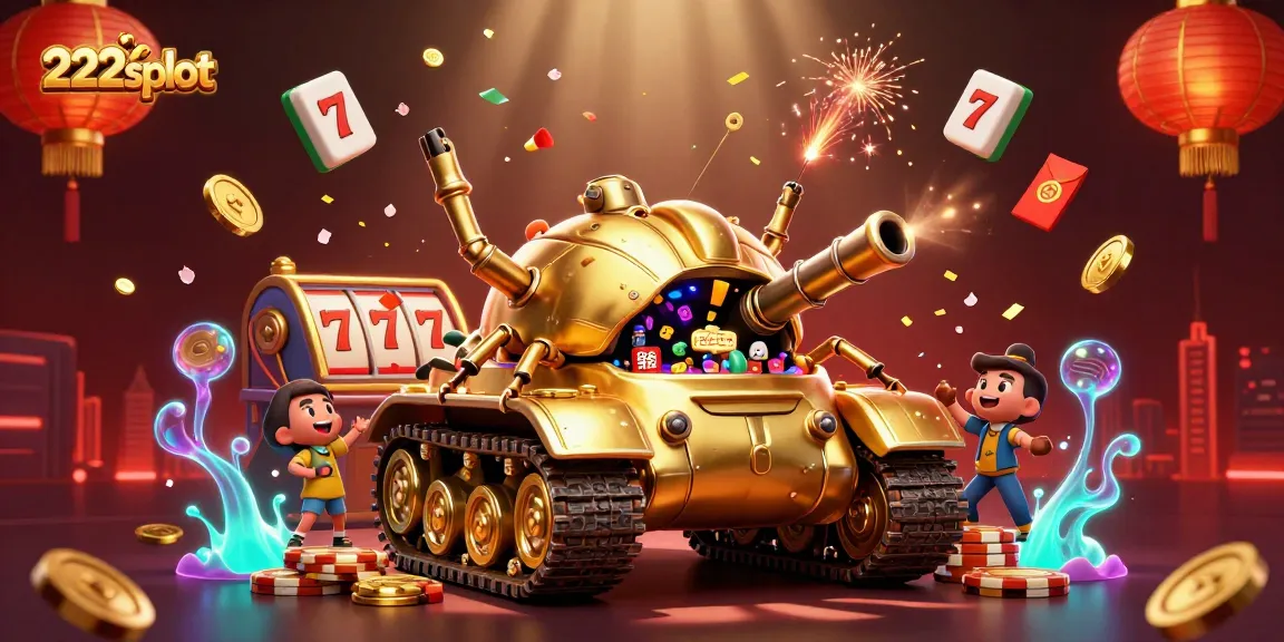 Permainan slot 222slot dengan tank keong emas dan kasinonya, dikelilingi simbol keberuntungan.